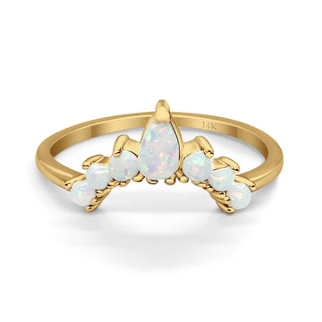 14K Yellow Gold Pear Curved Band Thumb Ring Half Eternity Simulated CZ Lab Created White Opal Wedding Engagement Size-7